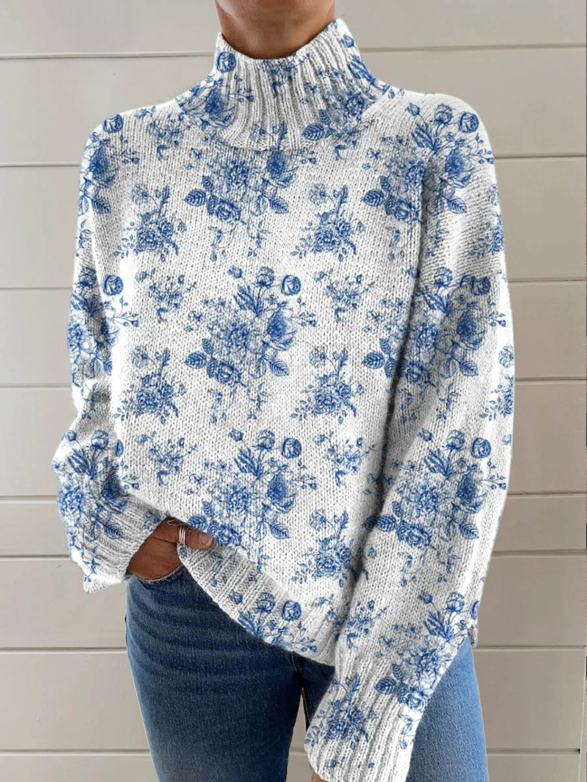 SASKIA™ – Blue Blossom Turtleneck Sweater